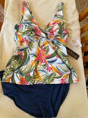 Liz Claiborne Tropical Floral Tankini Set - White Multi & blue bottoms Large